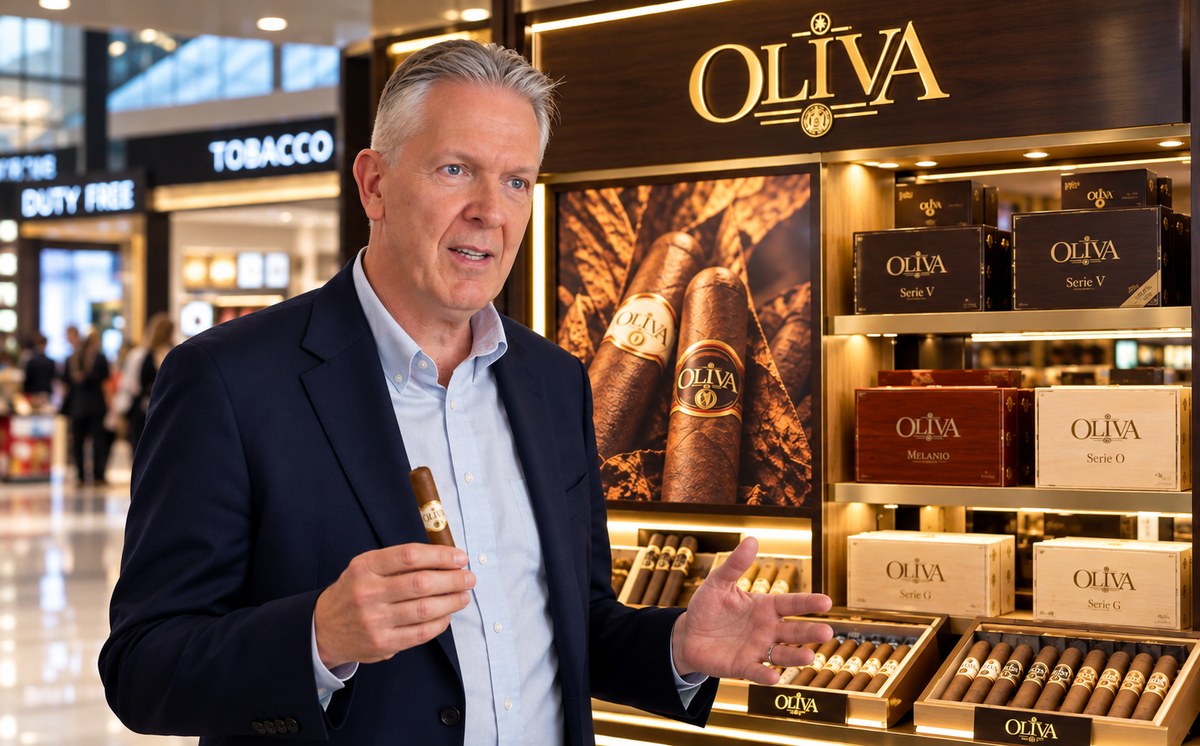 Talking about Oliva cigars in a travel retail tobacco store
