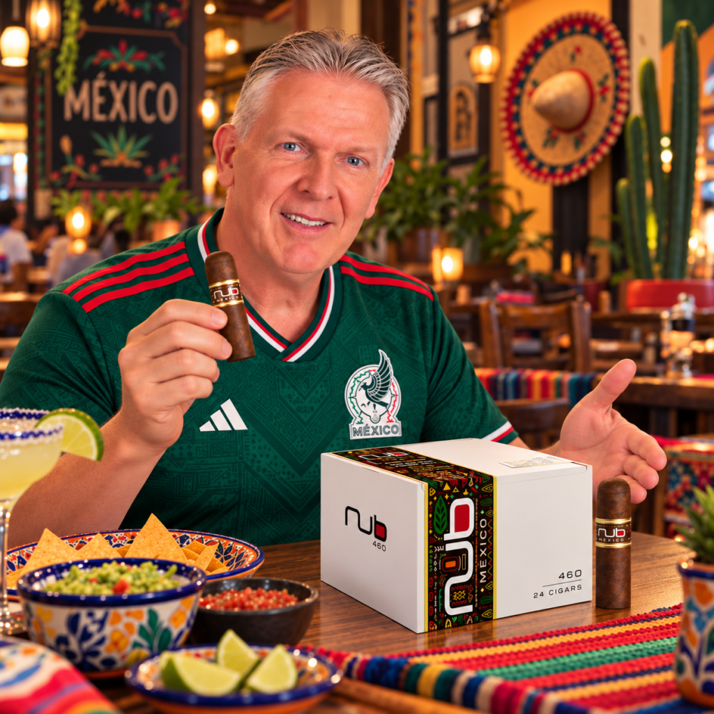 Hans with a NUB México cigar and a box of NUB México 460 in a Mexican restaurant